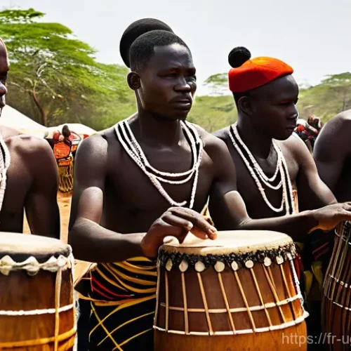 우간다 전통 춤 바키시무 - **Prompt 1: Energetic Bakisimba Celebration**
    "A vibrant scene capturing a group of male and fem...