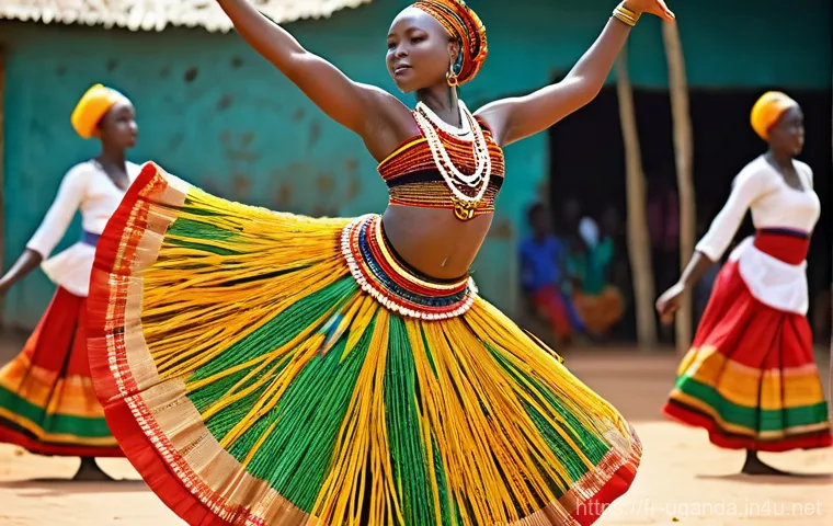 우간다 전통 춤 바키시무 - **Prompt 1: Energetic Bakisimba Celebration**
    "A vibrant scene capturing a group of male and fem...