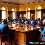 우간다 정치 상황 - A detailed political meeting scene in Uganda featuring diverse party members in formal attire, debat...