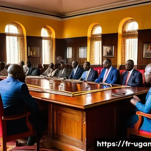 우간다 정치 상황 - A detailed political meeting scene in Uganda featuring diverse party members in formal attire, debat...