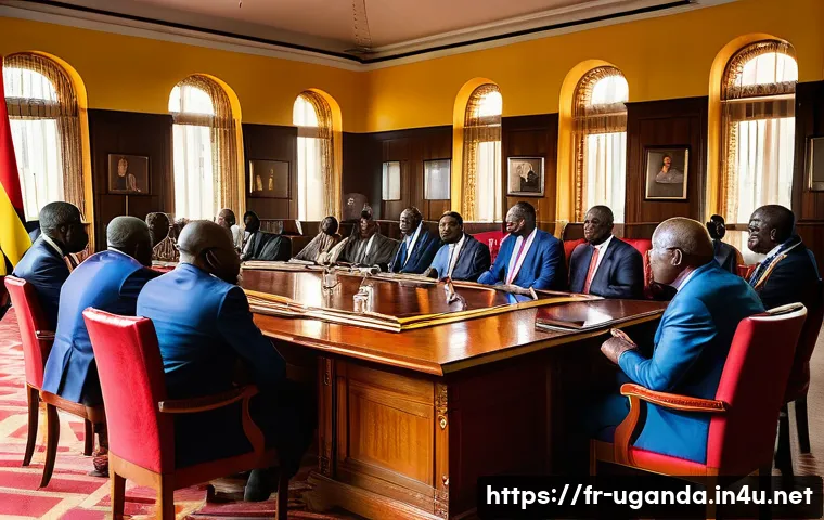 우간다 정치 상황 - A detailed political meeting scene in Uganda featuring diverse party members in formal attire, debat...