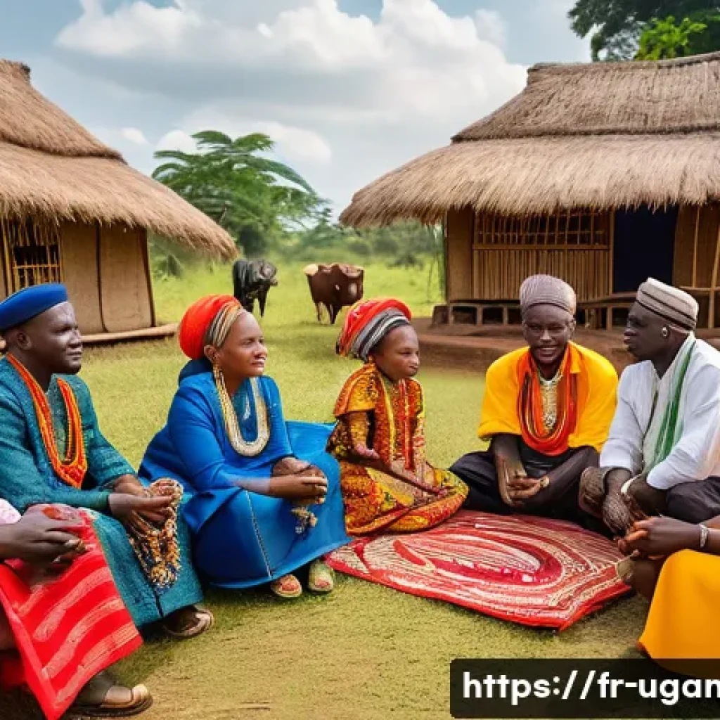 우간다 전통 결혼식 - A vibrant Ugandan traditional wedding scene featuring the solemn moment of bride price negotiation b...