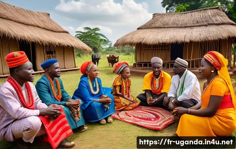 우간다 전통 결혼식 - A vibrant Ugandan traditional wedding scene featuring the solemn moment of bride price negotiation b...