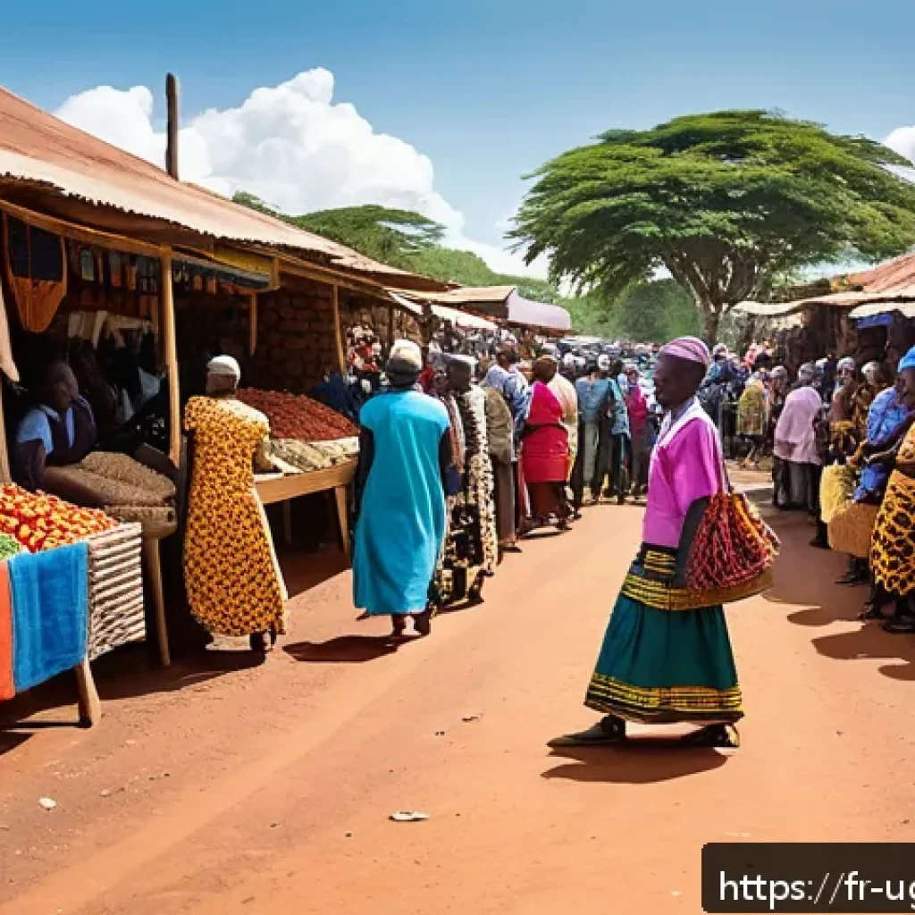 우간다에서 사용되는 스와힐리어 - A vibrant East African marketplace scene in Uganda near the Tanzanian and Kenyan borders, bustling w...