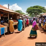 우간다에서 사용되는 스와힐리어 - A vibrant East African marketplace scene in Uganda near the Tanzanian and Kenyan borders, bustling w...