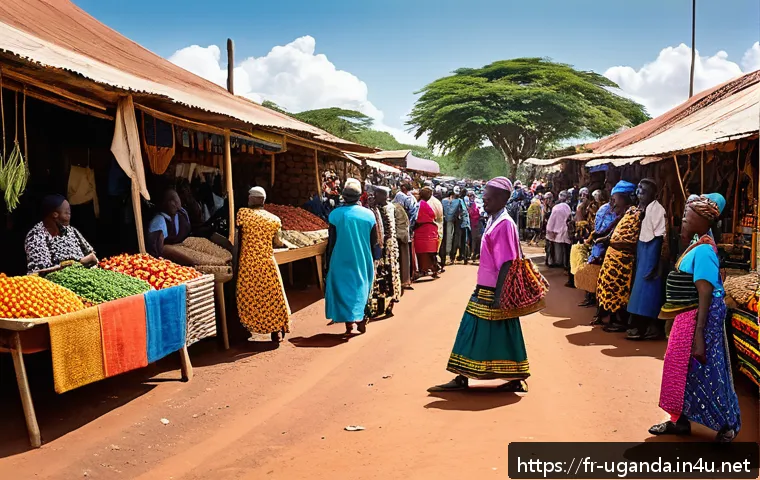 우간다에서 사용되는 스와힐리어 - A vibrant East African marketplace scene in Uganda near the Tanzanian and Kenyan borders, bustling w...