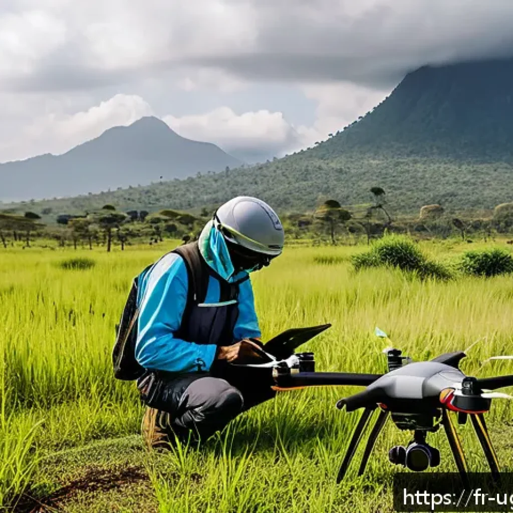 우간다에서 드론 촬영 허가 - A professional drone pilot in Uganda wearing appropriate protective clothing and safety gear, prepar...