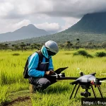 우간다에서 드론 촬영 허가 - A professional drone pilot in Uganda wearing appropriate protective clothing and safety gear, prepar...