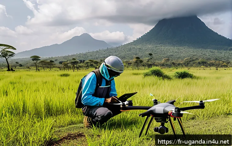 우간다에서 드론 촬영 허가 - A professional drone pilot in Uganda wearing appropriate protective clothing and safety gear, prepar...