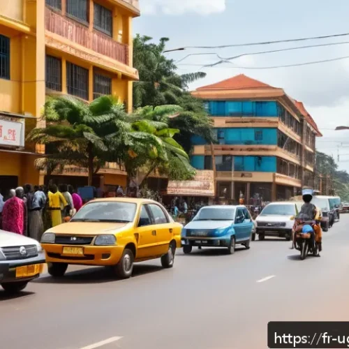우간다 도로 교통법 - A bustling urban street scene in Kampala, Uganda during daytime, featuring diverse vehicles includin...