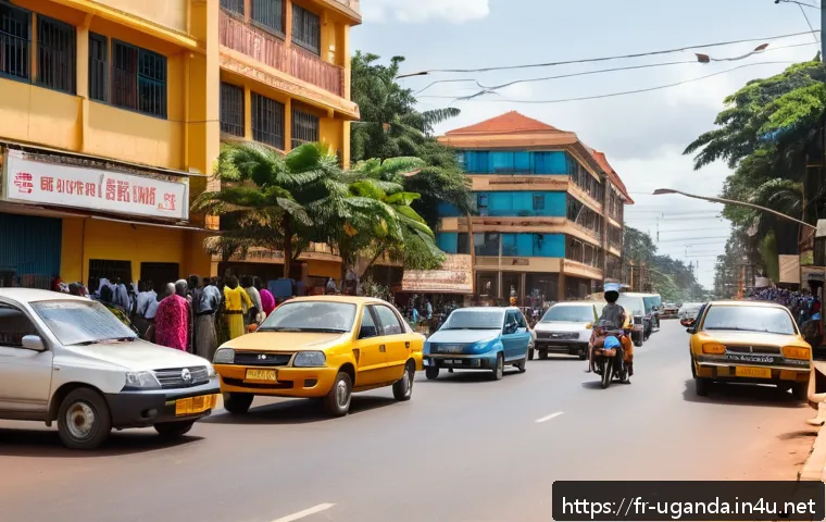 우간다 도로 교통법 - A bustling urban street scene in Kampala, Uganda during daytime, featuring diverse vehicles includin...